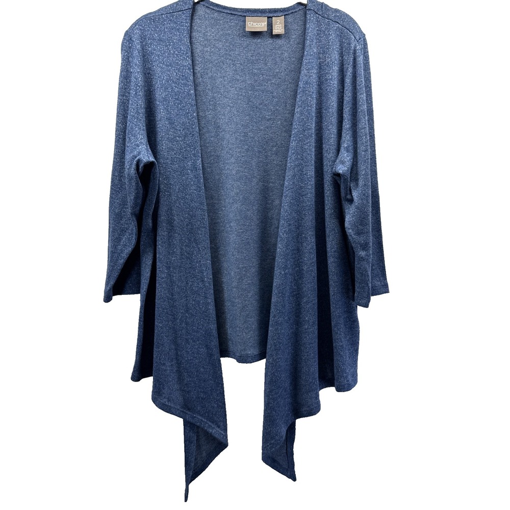 Chicos Women's Cardigan Sweater Size Large Solid Blue Asymmetrical Hem Y2K Knit